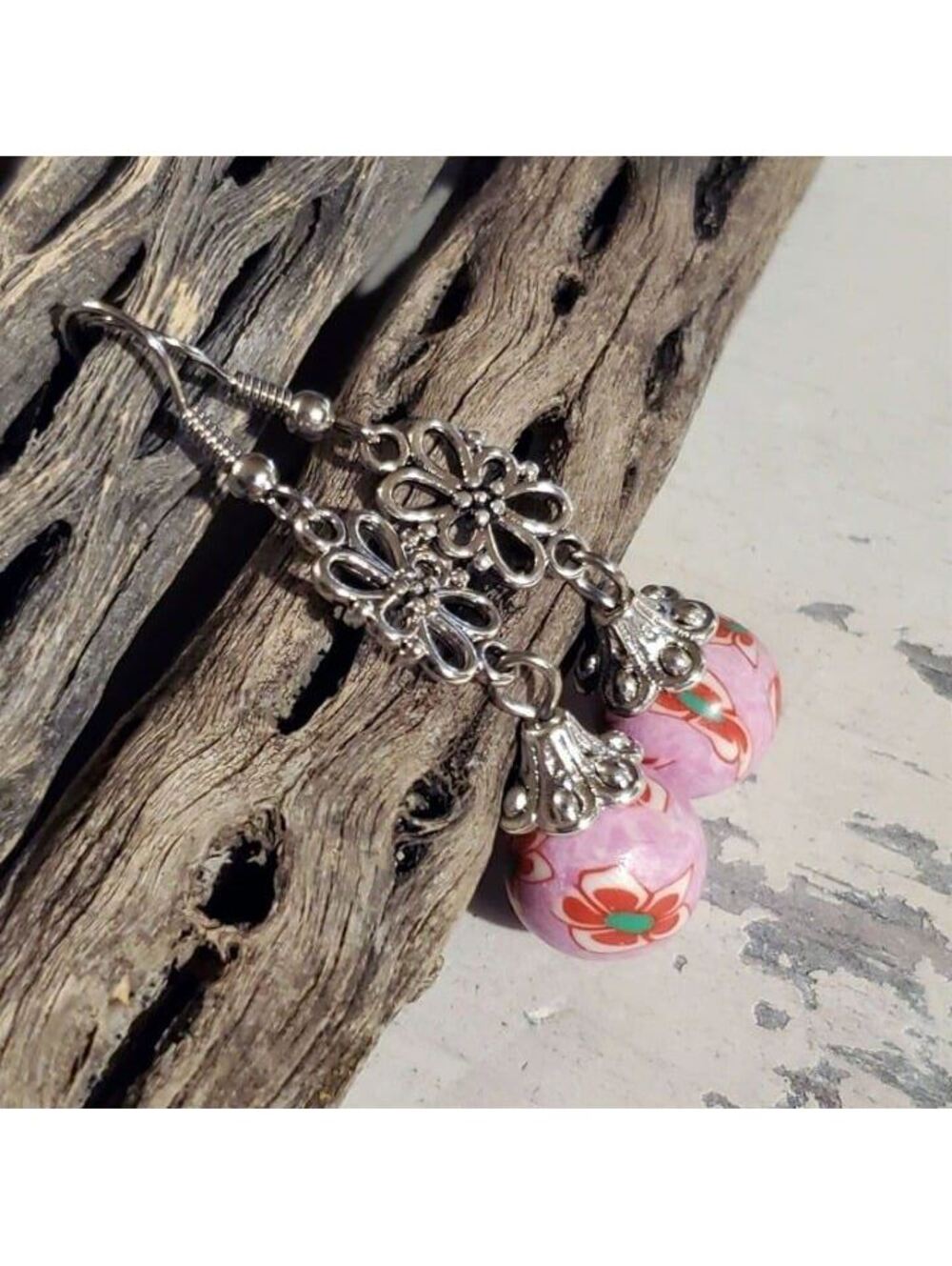 Fimo Clay Pink Green Red Flower Beads Antique Silver Earrings